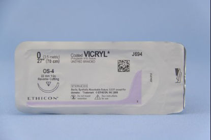 Picture of Suture with Needle Coated Vicryl™ Absorbable Coated Undyed Suture Braided Polyglactin 910 Size 0 27 Inch Suture 1-Needle 22 mm Length 1/2 Circle Reverse Cutting NeedleJ694H