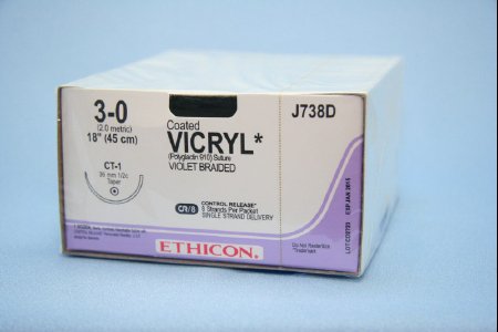 Picture of Suture with Needle Coated Vicryl™ Absorbable Coated Violet Suture Braided Polyglactin 910 Size 3 - 0 18 Inch Suture 1-Needle 36 mm Length 1/2 Circle Taper Point NeedleJ738D