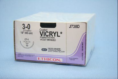 Picture of Suture with Needle Coated Vicryl™ Absorbable Coated Violet Suture Braided Polyglactin 910 Size 3 - 0 18 Inch Suture 1-Needle 36 mm Length 1/2 Circle Taper Point NeedleJ738D