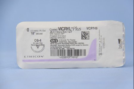 Picture of Antibacterial Suture with Needle Coated Vicryl™ Plus Absorbable Coated Undyed Suture Braided Polyglactin 910 with Irgacare MP Antibacterial Suture Size 0 18 Inch Suture 1-Needle 22 mm Length 1/2 Circle Reverse Cutting NeedleVCP749T