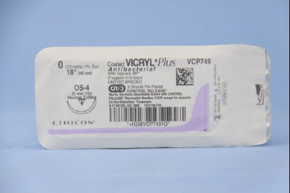 Picture of Antibacterial Suture with Needle Coated Vicryl™ Plus Absorbable Coated Undyed Suture Braided Polyglactin 910 with Irgacare MP Antibacterial Suture Size 0 18 Inch Suture 1-Needle 22 mm Length 1/2 Circle Reverse Cutting NeedleVCP749T