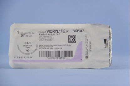 Picture of Antibacterial Suture with Needle Coated Vicryl™ Plus Absorbable Coated Violet Suture Braided Polyglactin 910 with Irgacare MP Antibacterial Suture Size 1 36 Inch Suture 1-Needle 36 mm Length 1/2 Circle Taper Point NeedleVCP347H