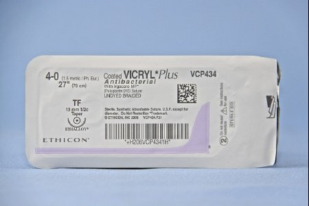 Picture of Antibacterial Suture with Needle Coated Vicryl™ Plus Absorbable Coated Undyed Suture Braided Polyglactin 910 with Irgacare MP Antibacterial Suture Size 4 - 0 27 Inch Suture 1-Needle 13 mm Length 1/2 Circle Taper Point NeedleVCP434H