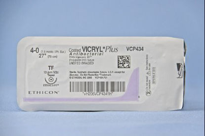 Picture of Antibacterial Suture with Needle Coated Vicryl™ Plus Absorbable Coated Undyed Suture Braided Polyglactin 910 with Irgacare MP Antibacterial Suture Size 4 - 0 27 Inch Suture 1-Needle 13 mm Length 1/2 Circle Taper Point NeedleVCP434H