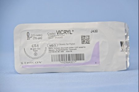 Picture of Suture with Needle Coated Vicryl™ Absorbable Coated Violet Suture Braided Polyglactin 910 Size 0 27 Inch Suture 1-Needle 36 mm Length 1/2 Circle Taper Point NeedleJ430T