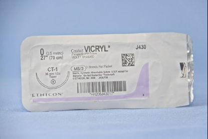 Picture of Suture with Needle Coated Vicryl™ Absorbable Coated Violet Suture Braided Polyglactin 910 Size 0 27 Inch Suture 1-Needle 36 mm Length 1/2 Circle Taper Point NeedleJ430T