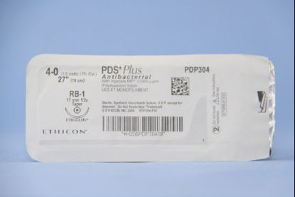 Picture of Antibacterial Suture with Needle PDS Plus™ Absorbable Uncoated Violet Suture Monofilament Polydioxanone with Irgacare MP Antibacterial Suture Size 4 - 0 27 Inch Suture 1-Needle 17 mm Length 1/2 Circle Taper Point NeedlePDP304H
