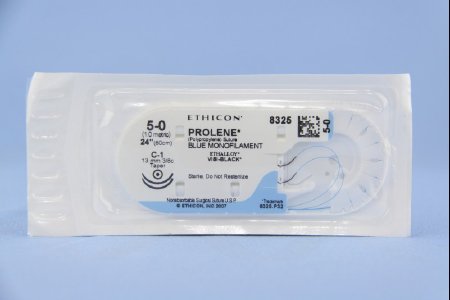 Picture of Suture with Needle Prolene™ Nonabsorbable Uncoated Blue Suture Monofilament Polypropylene Suture Size 5 - 0 24 Inch Suture Double-Armed 12 mm Length 3/8 Circle Taper Point Needle8325H