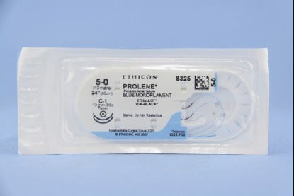 Picture of Suture with Needle Prolene™ Nonabsorbable Uncoated Blue Suture Monofilament Polypropylene Suture Size 5 - 0 24 Inch Suture Double-Armed 12 mm Length 3/8 Circle Taper Point Needle8325H
