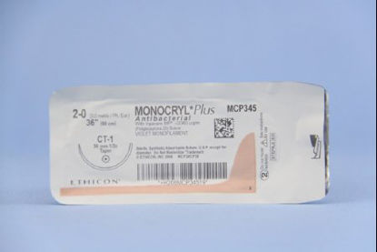 Picture of Antibacterial Suture with Needle Monocryl™ Plus Absorbable Uncoated Violet Suture Poliglecaprone 25 with Irgacare MP Antibacterial Suture Size 2 - 0 36 Inch Suture 1-Needle 36 mm Length 1/2 Circle Taper Point NeedleMCP345H