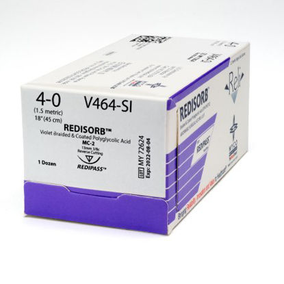 Picture of Suture with Needle Reli® Redisorb™ Absorbable Coated Violet Suture Braided Polyglycolic Acid Suture Size 4 - 0 18 Inch Suture 1-Needle 13 mm Length 3/8 Circle Reverse Cutting Needle with Precision PointV464-SI