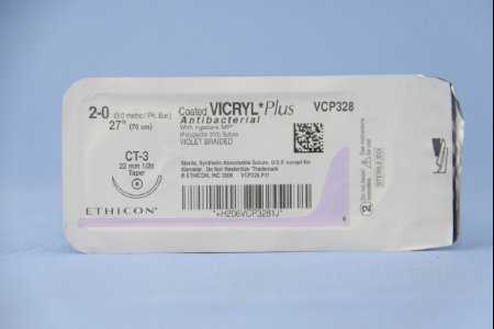 Picture of Antibacterial Suture with Needle Coated Vicryl™ Plus Absorbable Coated Violet Suture Braided Polyglactin 910 with Irgacare MP Antibacterial Suture Size 2 - 0 27 Inch Suture 1-Needle 22 mm Length 1/2 Circle Taper Point NeedleVCP328H