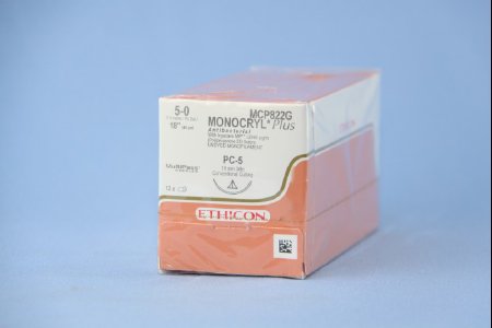 Picture of Antibacterial Suture with Needle Monocryl™ Plus Absorbable Uncoated Undyed Suture Poliglecaprone 25 with Irgacare MP Antibacterial Suture Size 5 - 0 18 Inch Suture 1-Needle 19 mm Length 3/8 Circle Conventional Cutting NeedleMCP822G