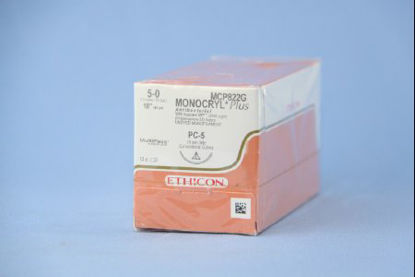 Picture of Antibacterial Suture with Needle Monocryl™ Plus Absorbable Uncoated Undyed Suture Poliglecaprone 25 with Irgacare MP Antibacterial Suture Size 5 - 0 18 Inch Suture 1-Needle 19 mm Length 3/8 Circle Conventional Cutting NeedleMCP822G