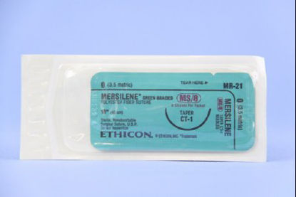 Picture of Suture with Needle Mersilene™ Nonabsorbable Uncoated Green Suture Braided Polyester Size 0 18 Inch Suture 1-Needle 36 mm Length 1/2 Circle Taper Point NeedleMR21T