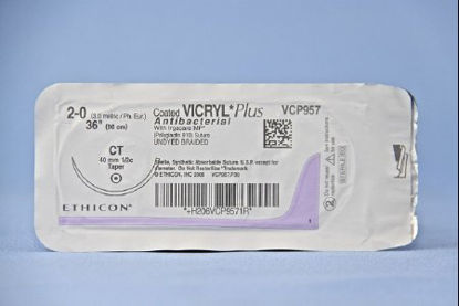 Picture of Antibacterial Suture with Needle Coated Vicryl™ Plus Absorbable Coated Undyed Suture Braided Polyglactin 910 with Irgacare MP Antibacterial Suture Size 2 - 0 36 Inch Suture 1-Needle 40 mm Length 1/2 Circle Taper Point NeedleVCP957H