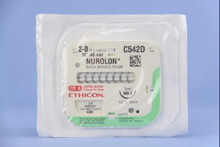 Picture of Suture with Needle Nurolon™ Nonabsorbable Coated Black Suture Braided Nylon Size 2 - 0 18 Inch Suture 1-Needle 22 mm Length 1/2 Circle Taper Point NeedleC542D