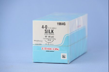 Picture of Suture with Needle Perma-Hand™ Nonabsorbable Coated Black Suture Braided Silk Size 4 - 0 18 Inch Suture 1-Needle 19 mm Length 3/8 Circle Precision Cosmetic - Conventional Cutting PRIME Needle1984G