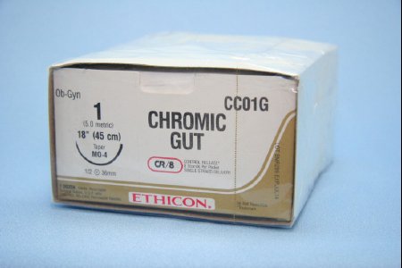 Picture of Suture with Needle Absorbable Uncoated Undyed Suture Chromic Gut Size 1 18 Inch Suture 1-Needle 36.4 mm Length 1/2 Circle Taper Point NeedleCC01G