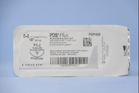 Picture of Antibacterial Suture with Needle PDS Plus™ Absorbable Uncoated Undyed Suture Monofilament Polydioxanone with Irgacare MP Antibacterial Suture Size 5 - 0 18 Inch Suture 1-Needle 19 mm Length 3/8 Circle Precision Point - Reverse Cutting NeedlePDP495G