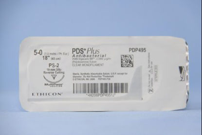 Picture of Antibacterial Suture with Needle PDS Plus™ Absorbable Uncoated Undyed Suture Monofilament Polydioxanone with Irgacare MP Antibacterial Suture Size 5 - 0 18 Inch Suture 1-Needle 19 mm Length 3/8 Circle Precision Point - Reverse Cutting NeedlePDP495G