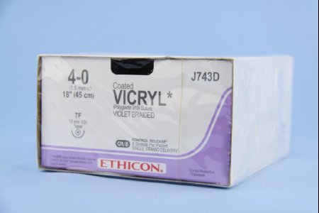 Picture of Suture with Needle Coated Vicryl™ Absorbable Coated Violet Suture Braided Polyglactin 910 Size 4 - 0 18 Inch Suture 1-Needle 13 mm Length 1/2 Circle Taper Point NeedleJ743D
