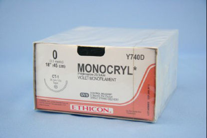 Picture of Suture with Needle Monocryl™ Absorbable Uncoated Violet Suture Monofilament Poliglecaprone Size 0 18 Inch Suture 1-Needle 36 mm Length 1/2 Circle Taper Point NeedleY740D