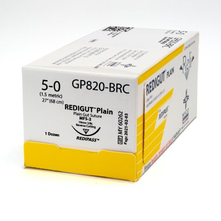 Picture of Suture with Needle Reli® Absorbable Uncoated Undyed Suture Plain Gut Size 5 - 0 27 Inch Suture 1-Needle 19 mm Length 3/8 Circle Reverse Cutting NeedleGP820-BRC