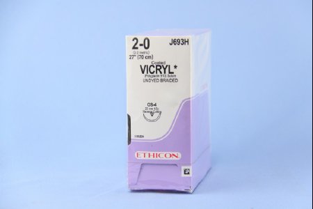 Picture of Suture with Needle Coated Vicryl™ Absorbable Coated Undyed Suture Braided Polyglactin 910 Size 2 - 0 27 Inch Suture 1-Needle 22 mm Length 1/2 Circle Reverse Cutting NeedleJ693H