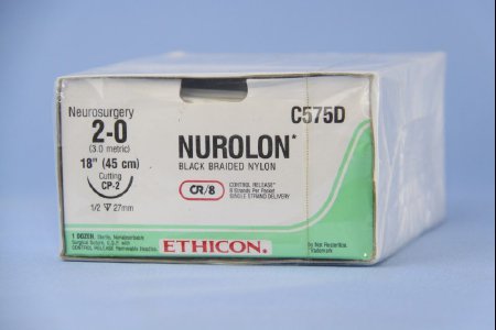 Picture of Suture with Needle Nurolon™ Nonabsorbable Coated Black Suture Braided Nylon Size 2 - 0 18 Inch Suture 1-Needle 26 mm Length 1/2 Circle Reverse Cutting NeedleC575D