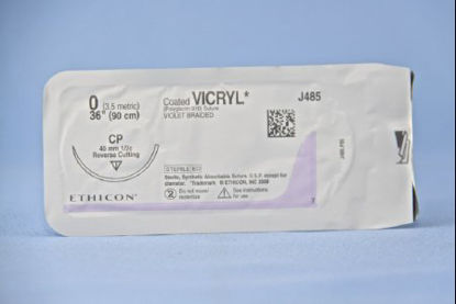 Picture of Suture with Needle Coated Vicryl™ Absorbable Coated Violet Suture Braided Polyglactin 910 Size 0 36 Inch Suture 1-Needle 40 mm Length 1/2 Circle Reverse Cutting NeedleJ485H
