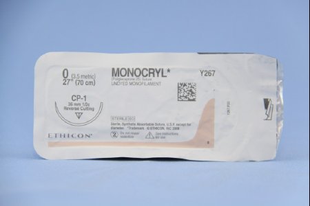 Picture of Suture with Needle Monocryl™ Absorbable Uncoated Undyed Suture Monofilament Poliglecaprone Size 0 27 Inch Suture 1-Needle 36 mm Length 1/2 Circle Reverse Cutting NeedleY267H