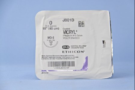 Picture of Suture with Needle Coated Vicryl™ Absorbable Coated Violet Suture Braided Polyglactin 910 Size 0 18 Inch Suture 1-Needle 31 mm Length 1/2 Circle Taper Point NeedleJ801D