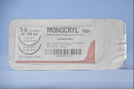 Picture of Suture with Needle Monocryl™ Absorbable Uncoated Undyed Suture Monofilament Poliglecaprone Size 3 - 0 54 Inch Suture Double-Armed 36 mm Length 1/2 Circle Taper Point / Reverse Cutting NeedleY931H