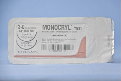 Picture of Suture with Needle Monocryl™ Absorbable Uncoated Undyed Suture Monofilament Poliglecaprone Size 3 - 0 54 Inch Suture Double-Armed 36 mm Length 1/2 Circle Taper Point / Reverse Cutting NeedleY931H