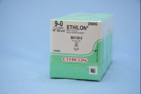 Picture of Suture with Needle Ethilon™ Nonabsorbable Uncoated Black Suture Monofilament Nylon Size 9 - 0 10 Inch Suture Double-Armed 6.5 mm Length 3/8 Circle Taper Point Needle2800G