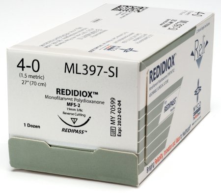 Picture of Suture with Needle Reli® Absorbable Uncoated Violet Suture Monofilament Polydioxanone Size 4 - 0 27 Inch Suture 1-Needle 19 mm Length 3/8 Circle Reverse Cutting NeedleML397-M