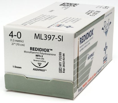 Picture of Suture with Needle Reli® Absorbable Uncoated Violet Suture Monofilament Polydioxanone Size 4 - 0 27 Inch Suture 1-Needle 19 mm Length 3/8 Circle Reverse Cutting NeedleML397-M