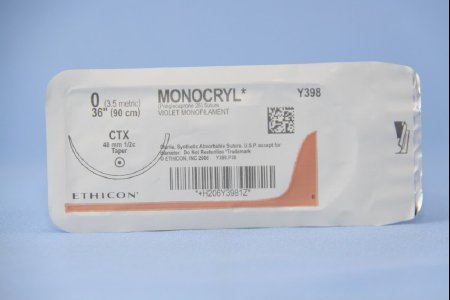 Picture of Suture with Needle Monocryl™ Absorbable Uncoated Violet Suture Monofilament Poliglecaprone Size 0 36 Inch Suture 1-Needle 48 mm Length 1/2 Circle Taper Point NeedleY398H