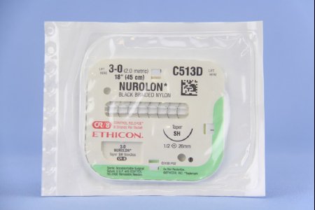 Picture of Suture with Needle Nurolon™ Nonabsorbable Coated Black Suture Braided Nylon Size 3 - 0 18 Inch Suture 1-Needle 26 mm Length 1/2 Circle Taper Point NeedleC513D