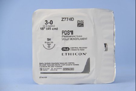 Picture of Suture with Needle PDS™ II Absorbable Uncoated Violet Suture Monofilament Polydioxanone Size 3 - 0 18 Inch Suture 1-Needle 26 mm Length 1/2 Circle Taper Point NeedleZ774D