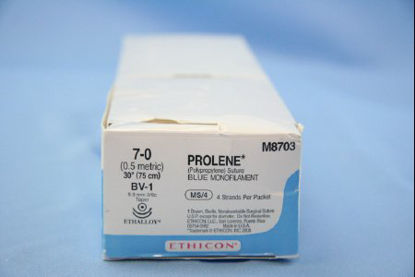 Picture of Suture with Needle Prolene™ Nonabsorbable Uncoated Blue Suture Monofilament Polypropylene Suture Size 7 - 0 30 Inch Suture Double-Armed 9.3 mm Length 3/8 Circle Taper Point NeedleM8703