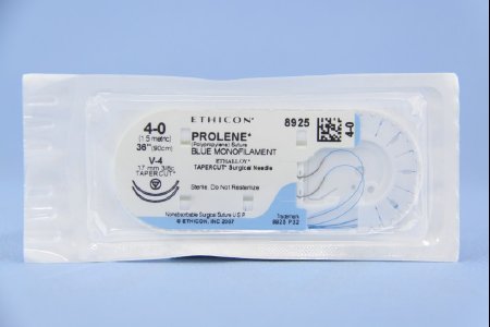 Picture of Suture with Needle Prolene™ Nonabsorbable Uncoated Blue Suture Monofilament Polypropylene Suture Size 4 - 0 36 Inch Suture Double-Armed 17 mm Length 3/8 Circle Taper Cut Needle8925H