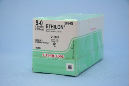 Picture of Suture with Needle Ethilon™ Nonabsorbable Uncoated Black Suture Monofilament Nylon Size 9 - 0 5 Inch Suture 1-Needle 3.5 mm Length 1/4 Circle Taper Cut Needle2894G