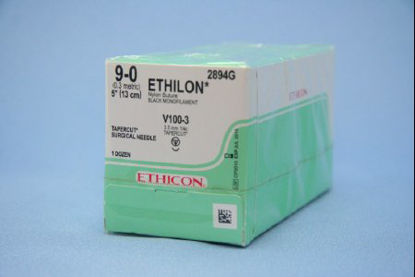 Picture of Suture with Needle Ethilon™ Nonabsorbable Uncoated Black Suture Monofilament Nylon Size 9 - 0 5 Inch Suture 1-Needle 3.5 mm Length 1/4 Circle Taper Cut Needle2894G