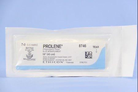 Picture of Suture with Needle Prolene™ Nonabsorbable Uncoated Blue Suture Monofilament Polypropylene Suture Size 7 - 0 18 Inch Suture Double-Armed 9.3 mm Length 3/8 Circle Taper Point Needle8746H