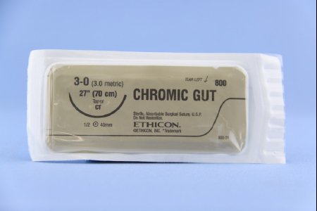 Picture of Suture with Needle Absorbable Uncoated Undyed Suture Chromic Gut Size 3 - 0 27 Inch Suture 1-Needle 40 mm Length 1/2 Circle Taper Point Needle800H