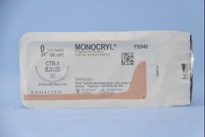 Picture of Suture with Needle Monocryl™ Absorbable Uncoated Undyed Suture Monofilament Poliglecaprone Size 0 36 Inch Suture 1-Needle 36.4 mm Length 1/2 Circle Blunt Point NeedleYB946