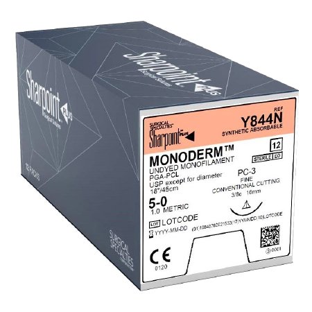 Picture of Suture with Needle Monoderm™ Absorbable Uncoated Undyed Suture Monofilament Polyglycolic Acid Suture Size 5 - 0 18 Inch Suture 1-Needle 16 mm Length 3/8 Circle Precision Conventional Cutting NeedleY844N