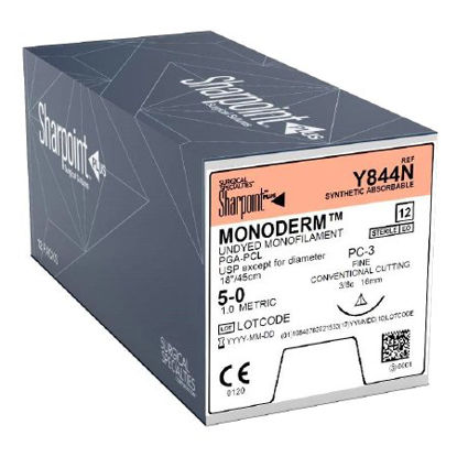 Picture of Suture with Needle Monoderm™ Absorbable Uncoated Undyed Suture Monofilament Polyglycolic Acid Suture Size 5 - 0 18 Inch Suture 1-Needle 16 mm Length 3/8 Circle Precision Conventional Cutting NeedleY844N